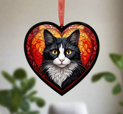 Black & White Cat Stained Glass Effect Heart Suncatcher
